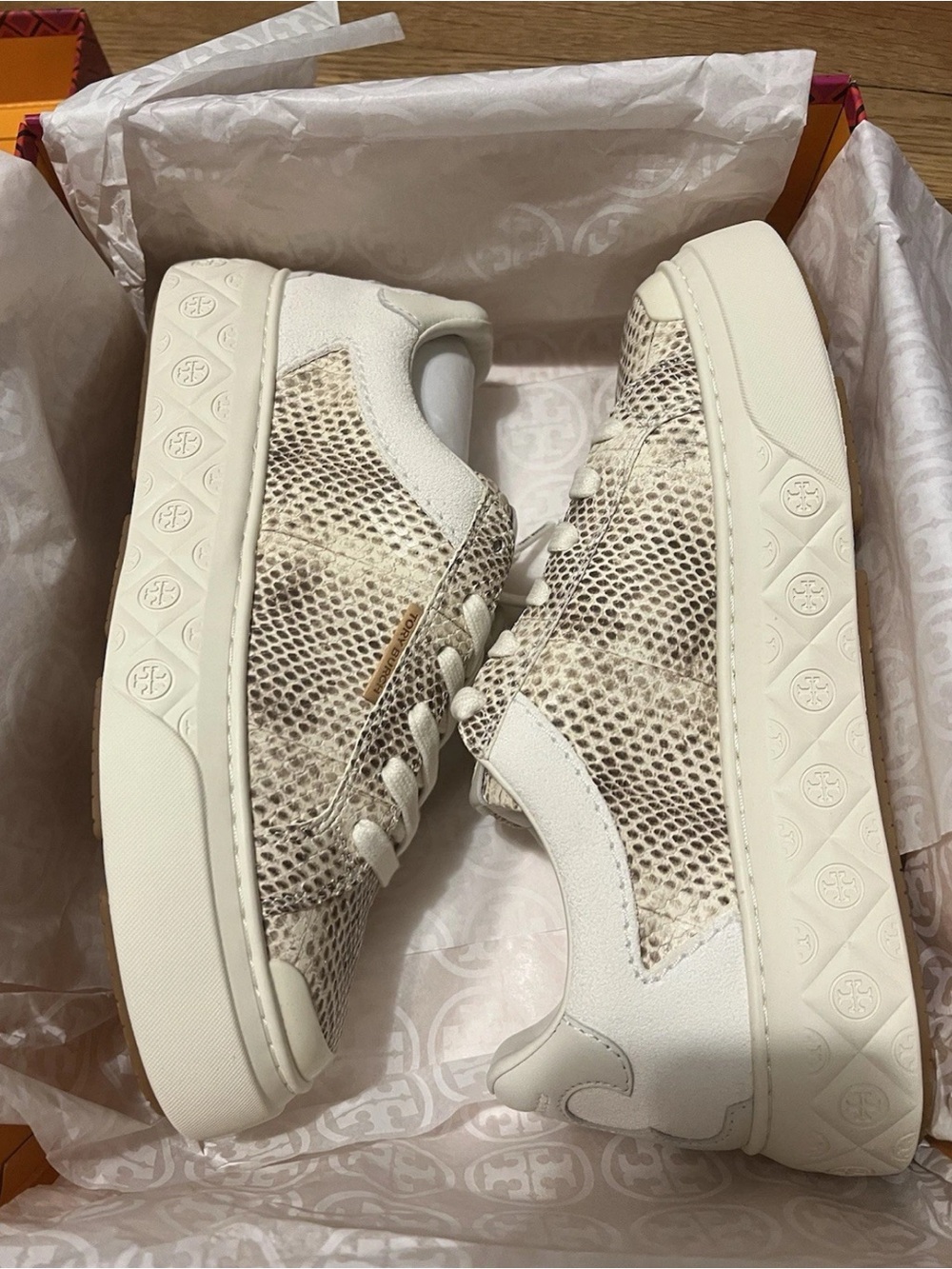 Tory Burch Ladybug Sneaker Stamped Snake Leather In Smoke/New Ivory Size: 8